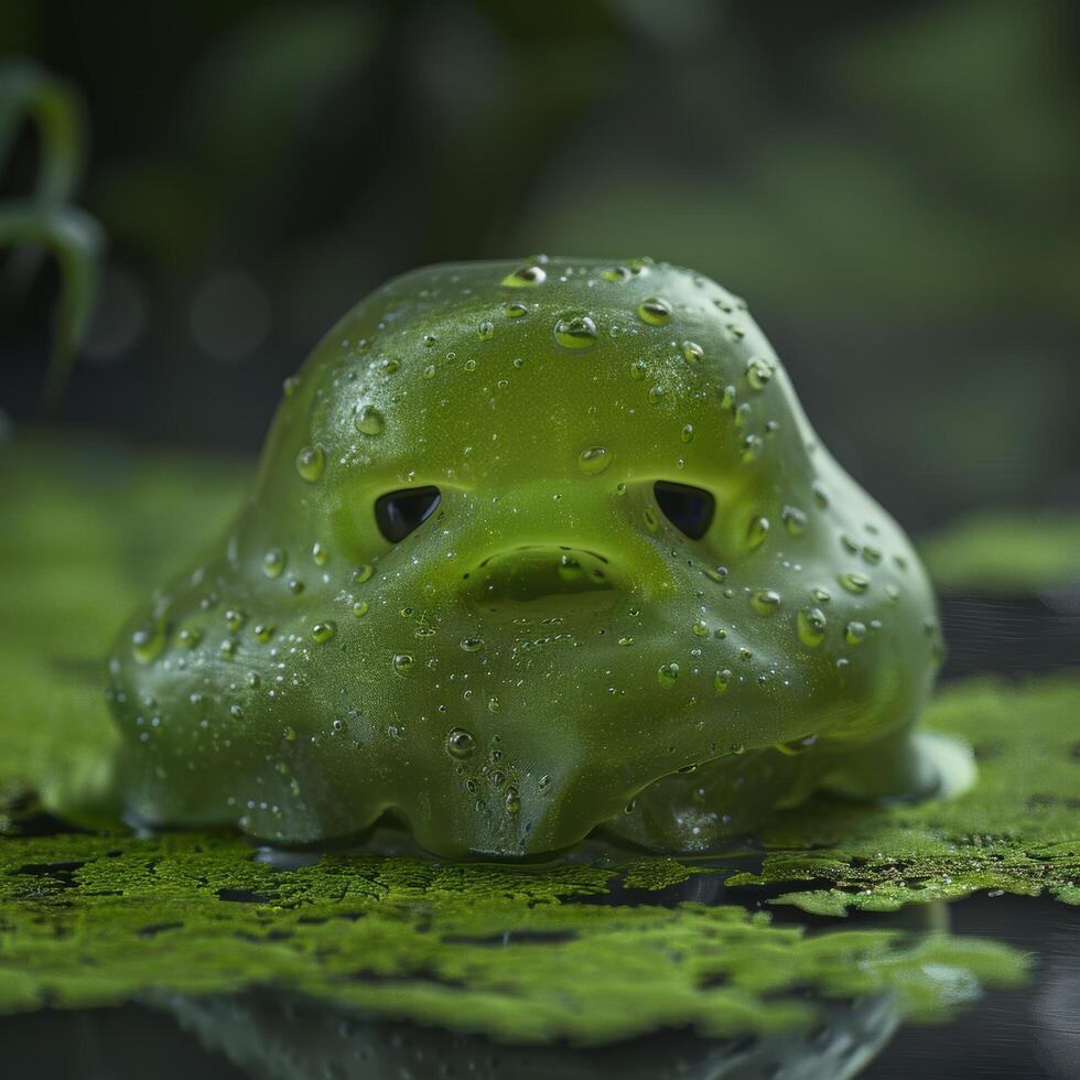 Close up of a green frog with water droplets photo