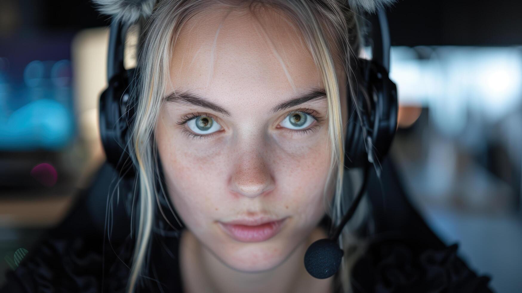 close up portrait of a woman with headphones photo