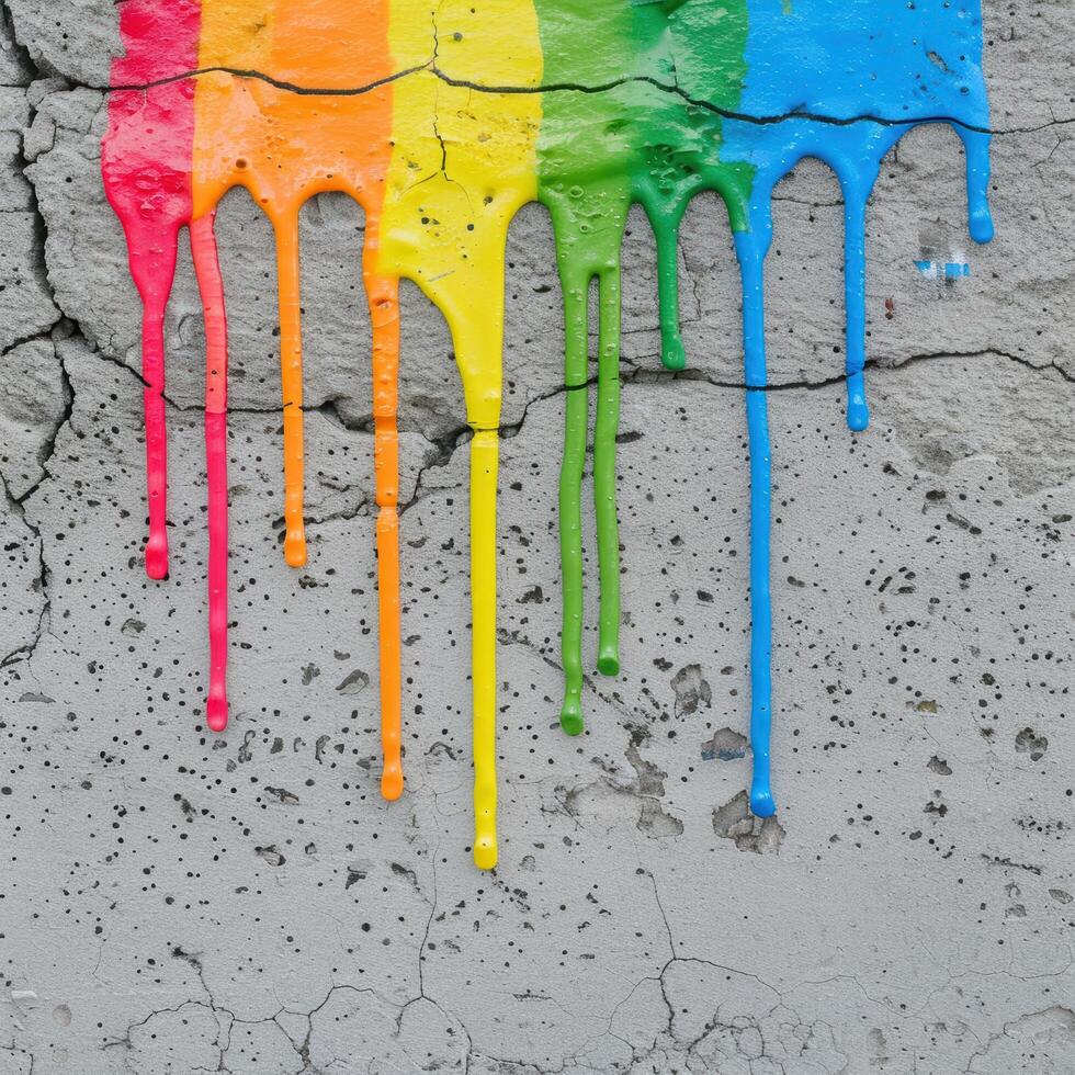 Colorful paint dripping on cracked concrete photo