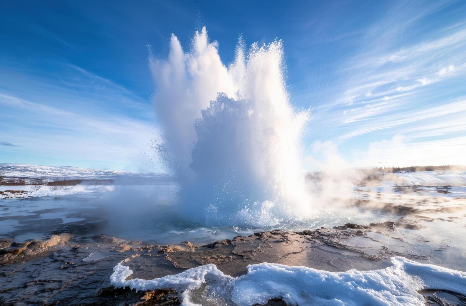 Powerful geyser eruption in winter landscape photo