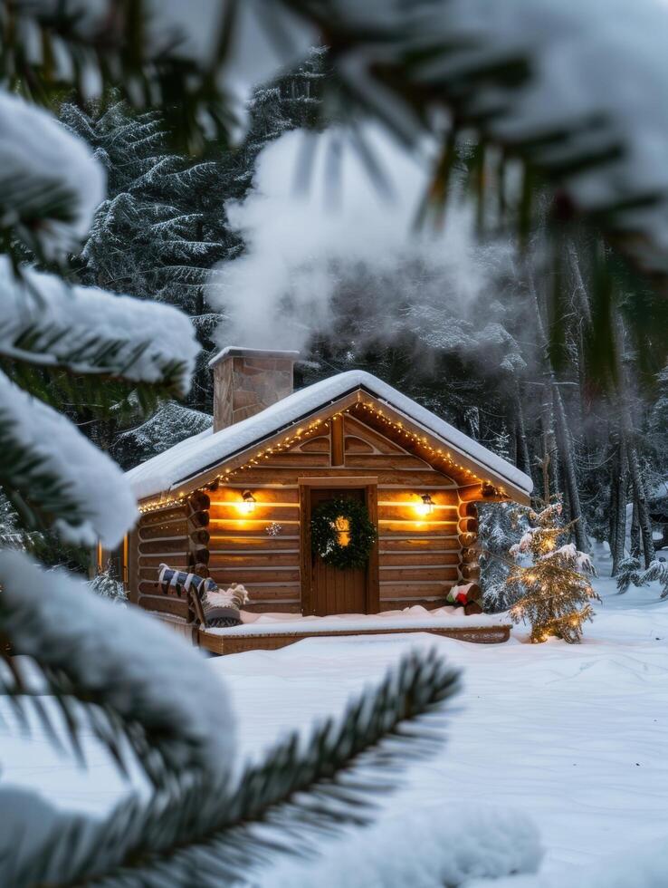 cozy winter cabin in snowy forest photo