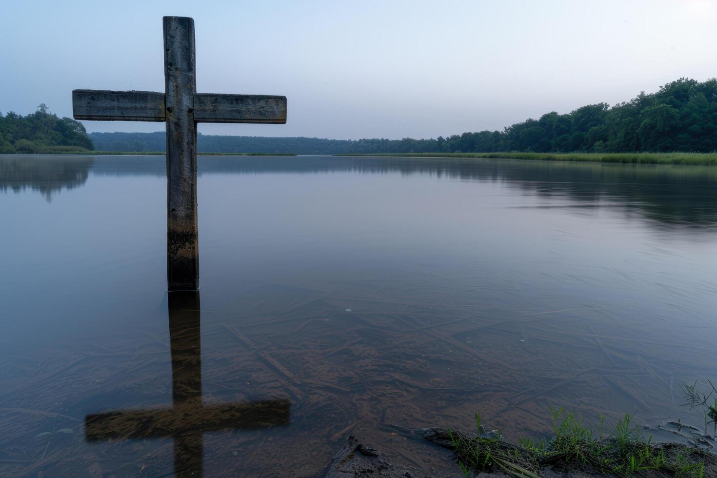 Serene lake with wooden cross photo