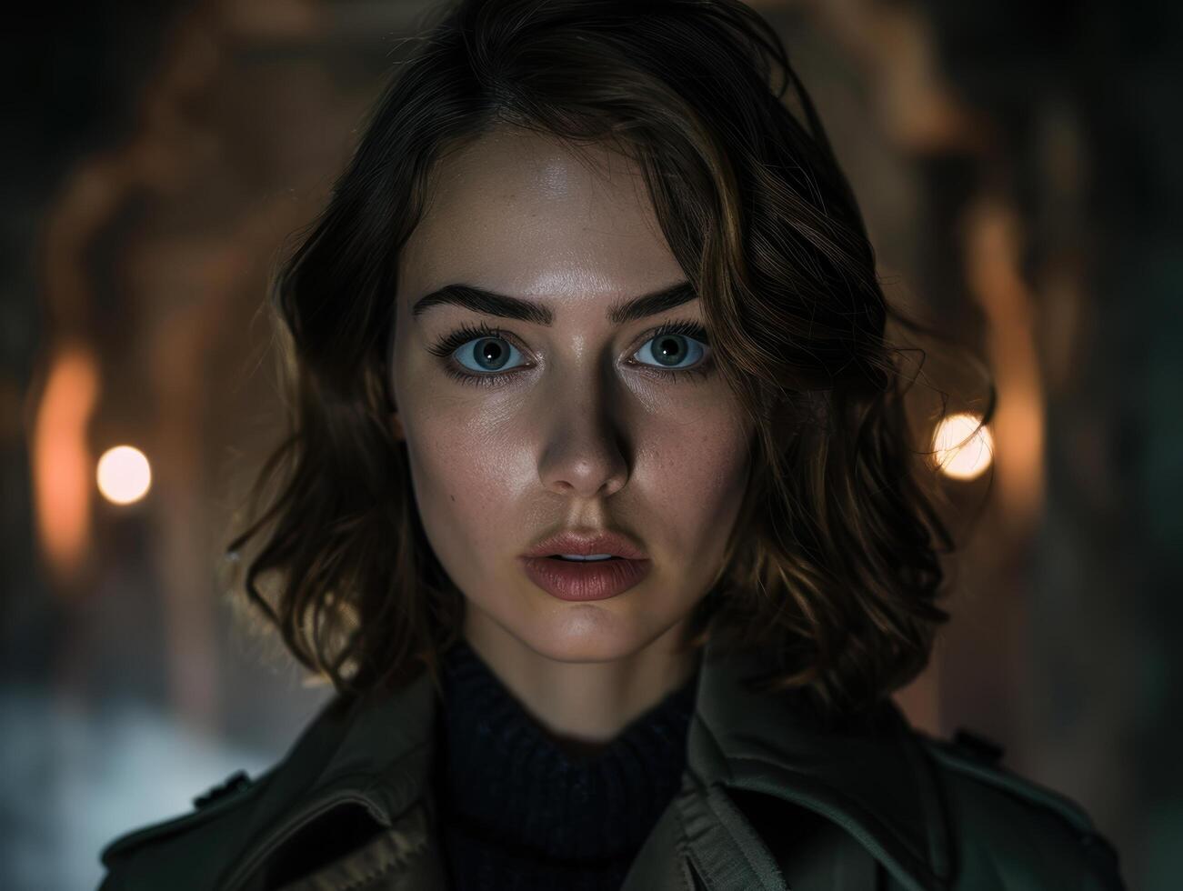 Intense gaze of a young woman in dark lighting photo