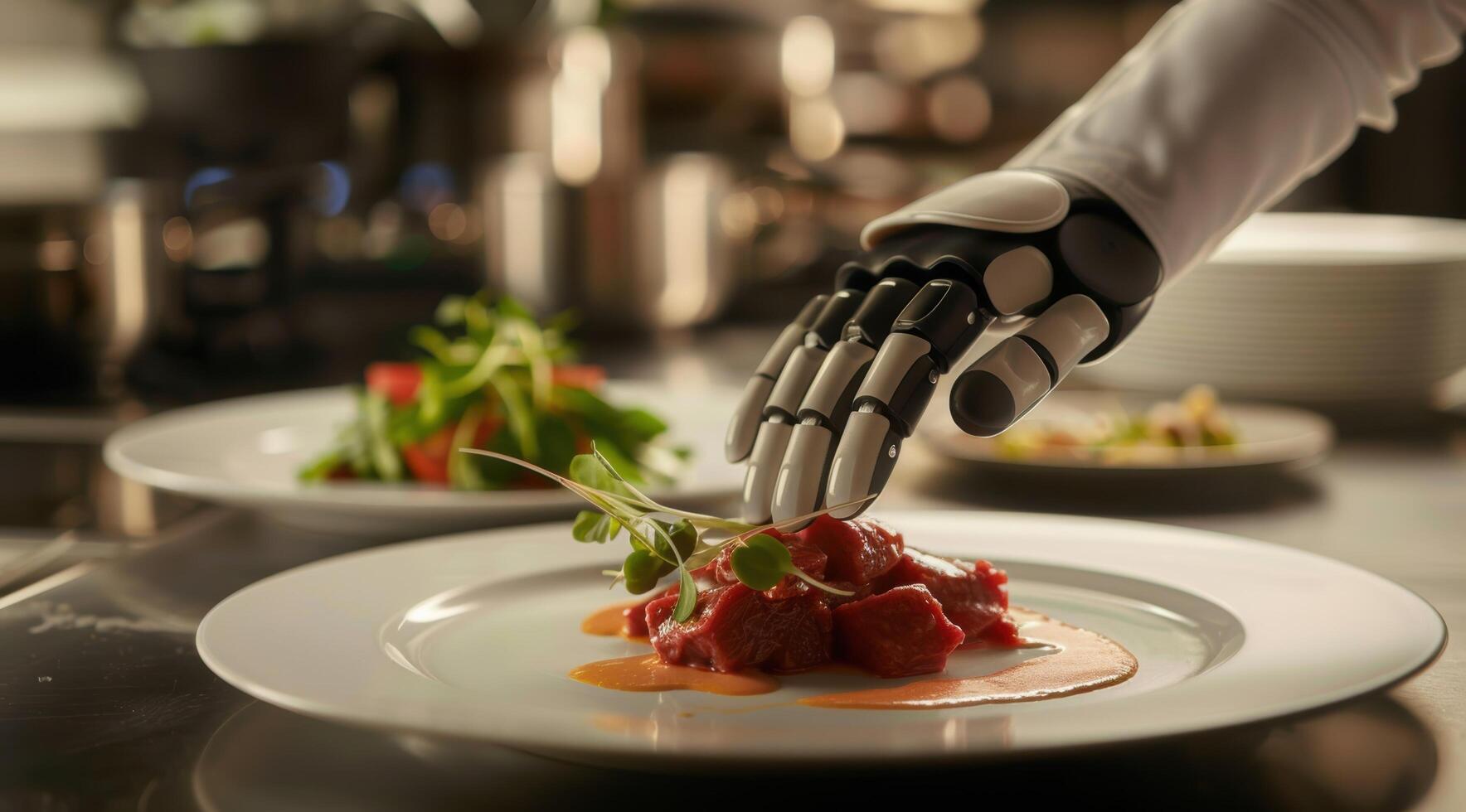 robotic hand plating gourmet food dish photo