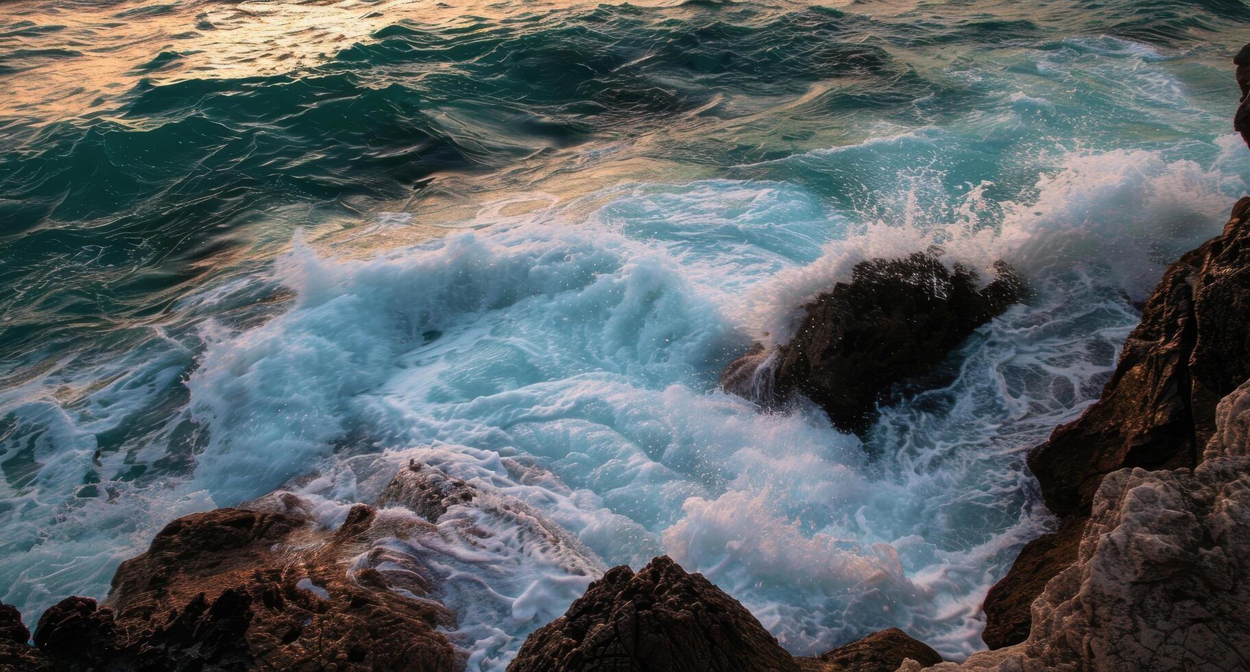 Crashing waves against rocky coastline at sunset photo