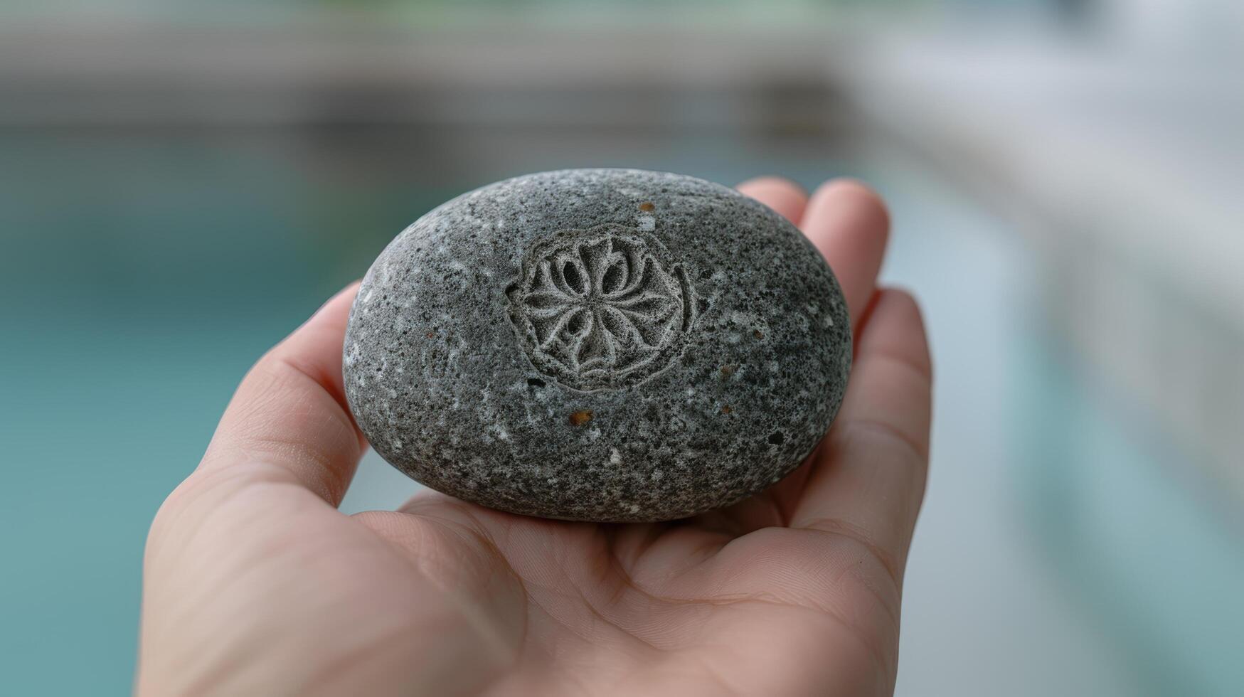 Carved stone with floral pattern in hand photo