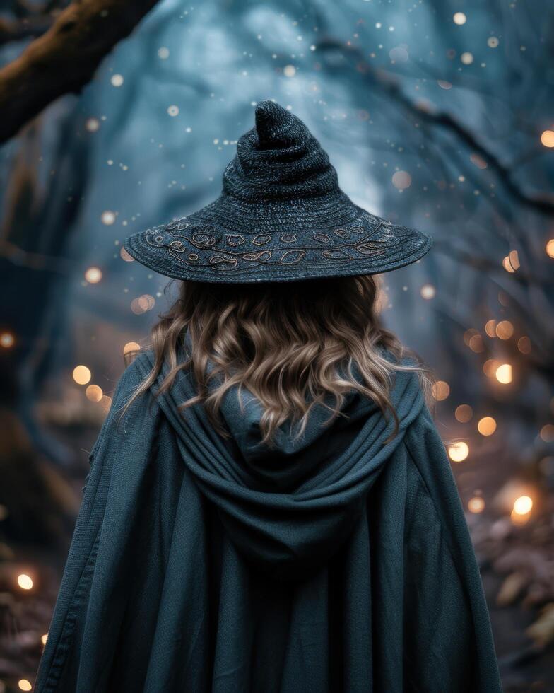 Mysterious figure in dark cloak and hat in snowy forest photo