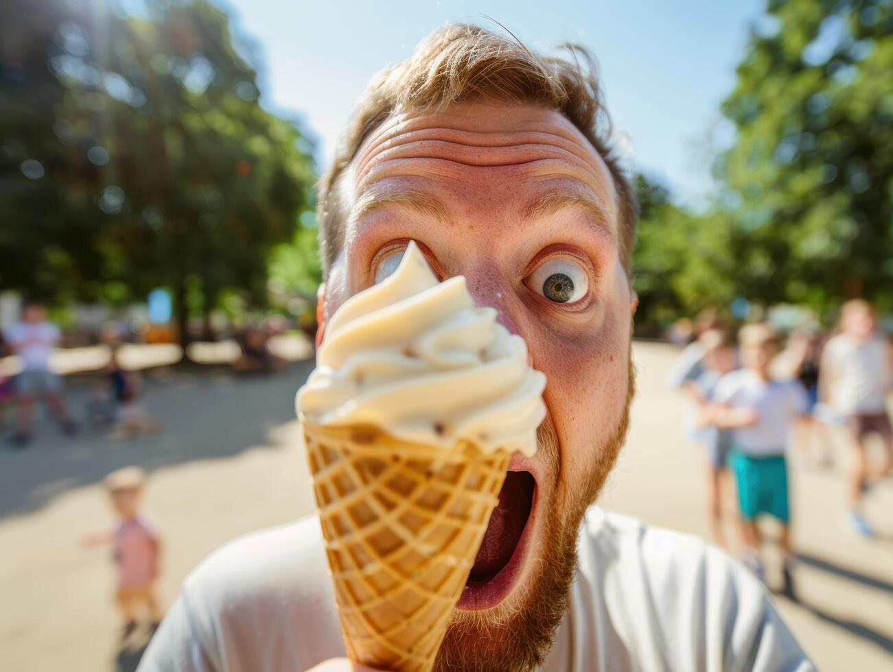 man with surprised expression eating ice cream cone photo