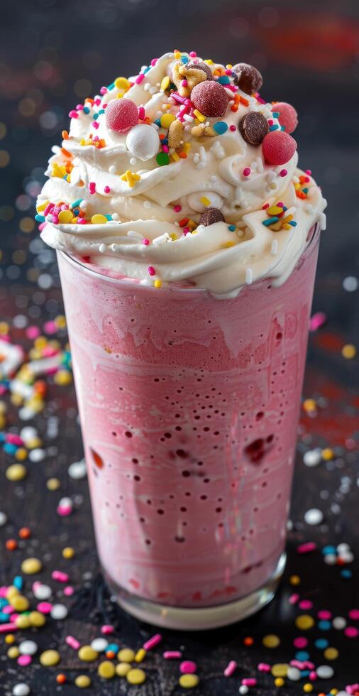 Colorful and decadent milkshake with whipped cream and sprinkles photo
