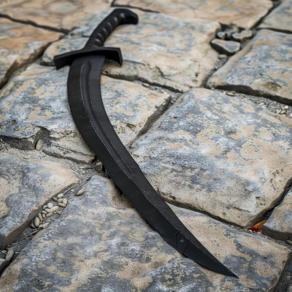 Curved black tactical knife on rocky surface photo