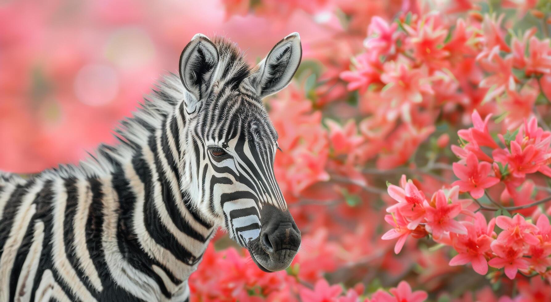 Zebra in a field of red flowers photo
