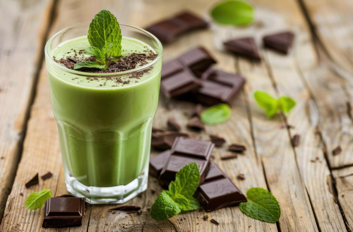 Refreshing green smoothie with chocolate and mint photo