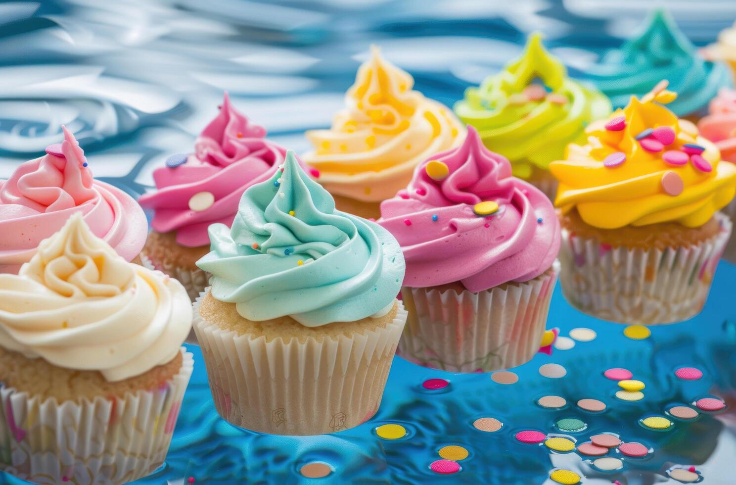 Colorful cupcakes with vibrant frosting photo