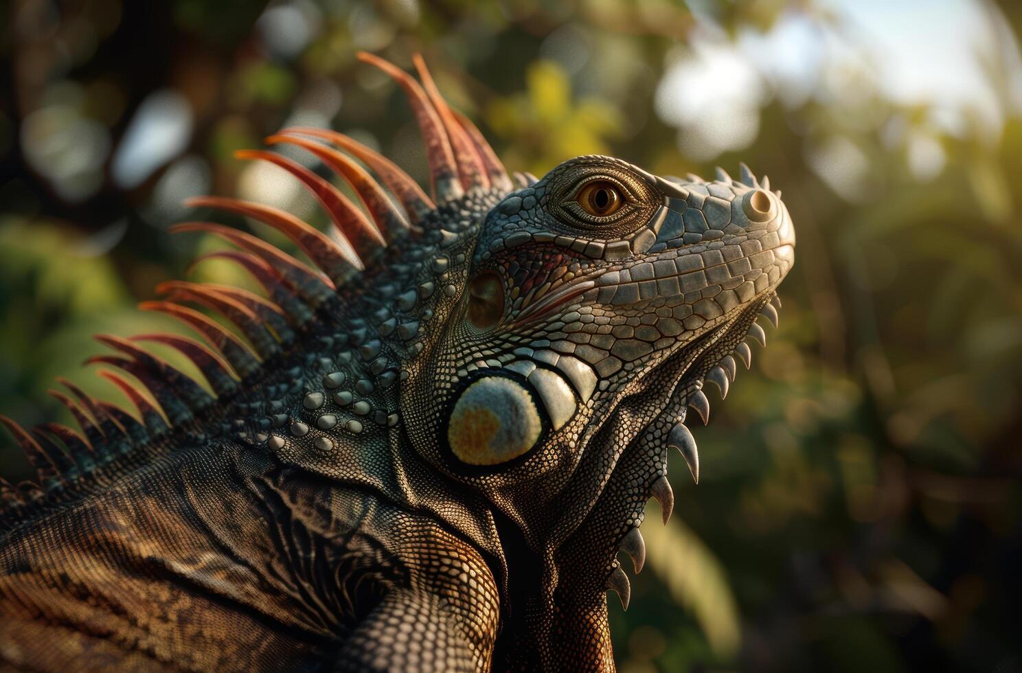 Vibrant iguana with colorful scales and piercing eyes photo