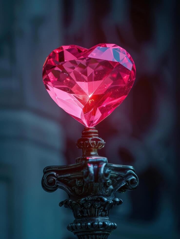 Vibrant heart shaped crystal on ornate stand photo