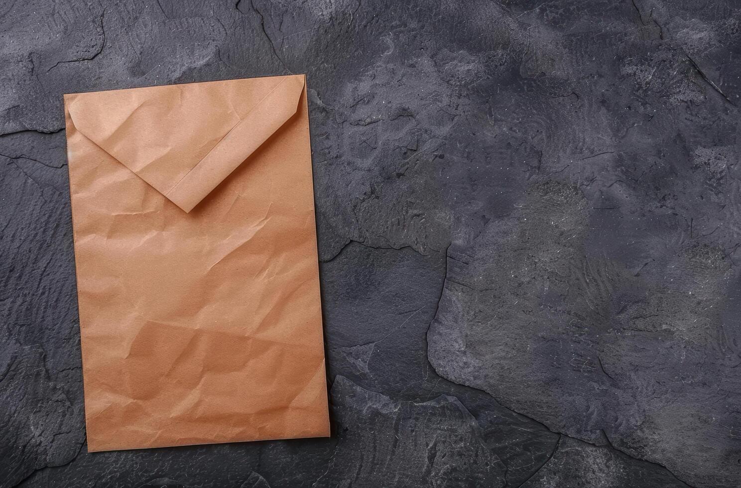 crumpled brown paper envelope on dark slate background photo