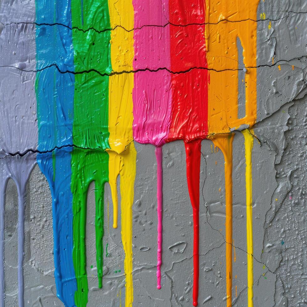 Colorful abstract paint drips on a textured wall photo