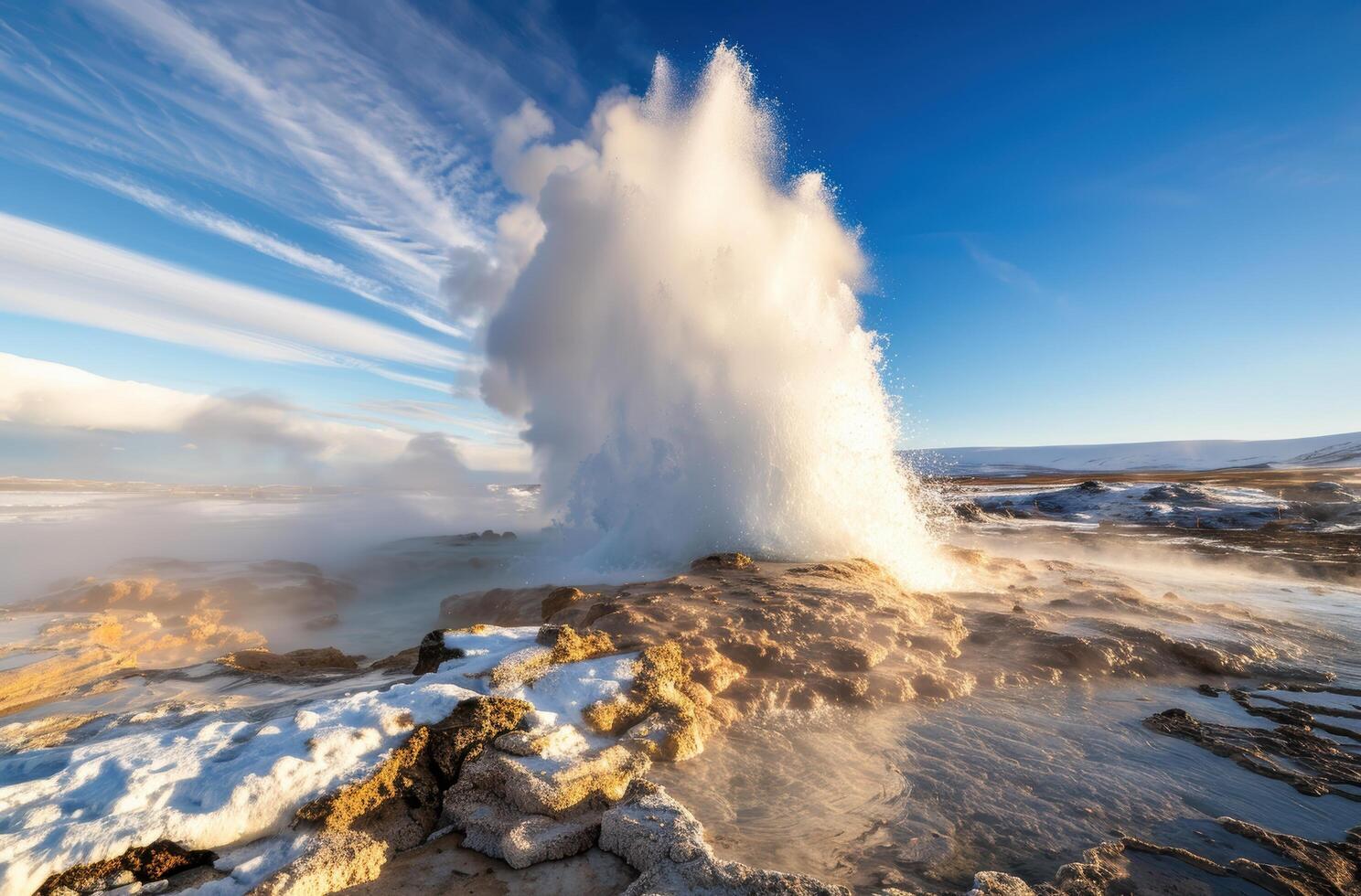 Powerful geyser eruption in natural landscape photo