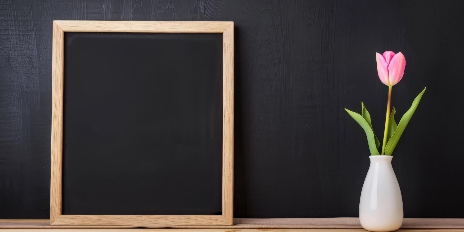 blank chalkboard frame with pink tulip flower in vase photo