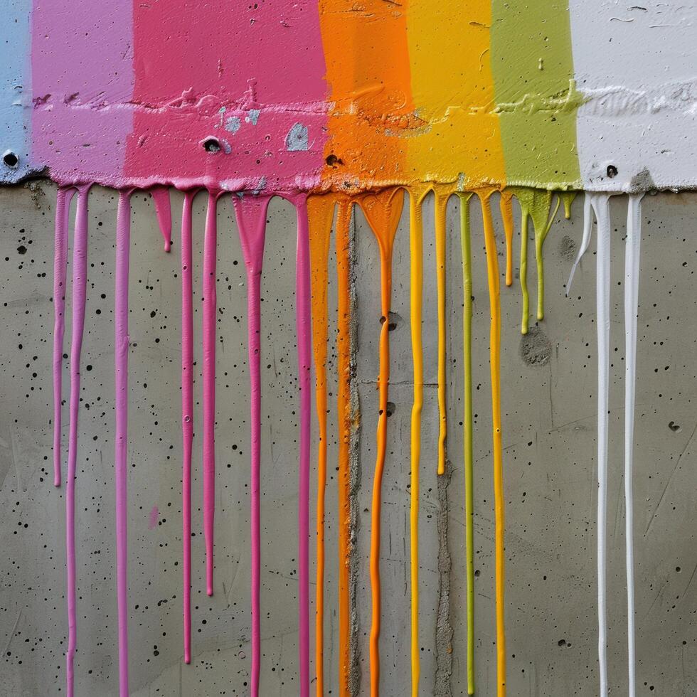 Colorful paint drips on concrete wall photo