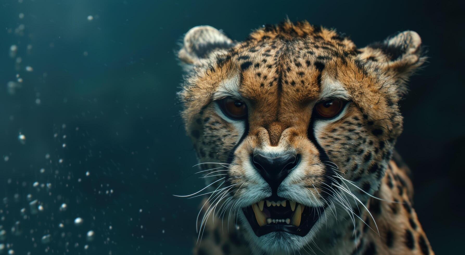 Fierce cheetah close up in snowfall photo