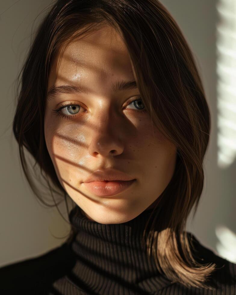 pensive young woman with dark hair photo
