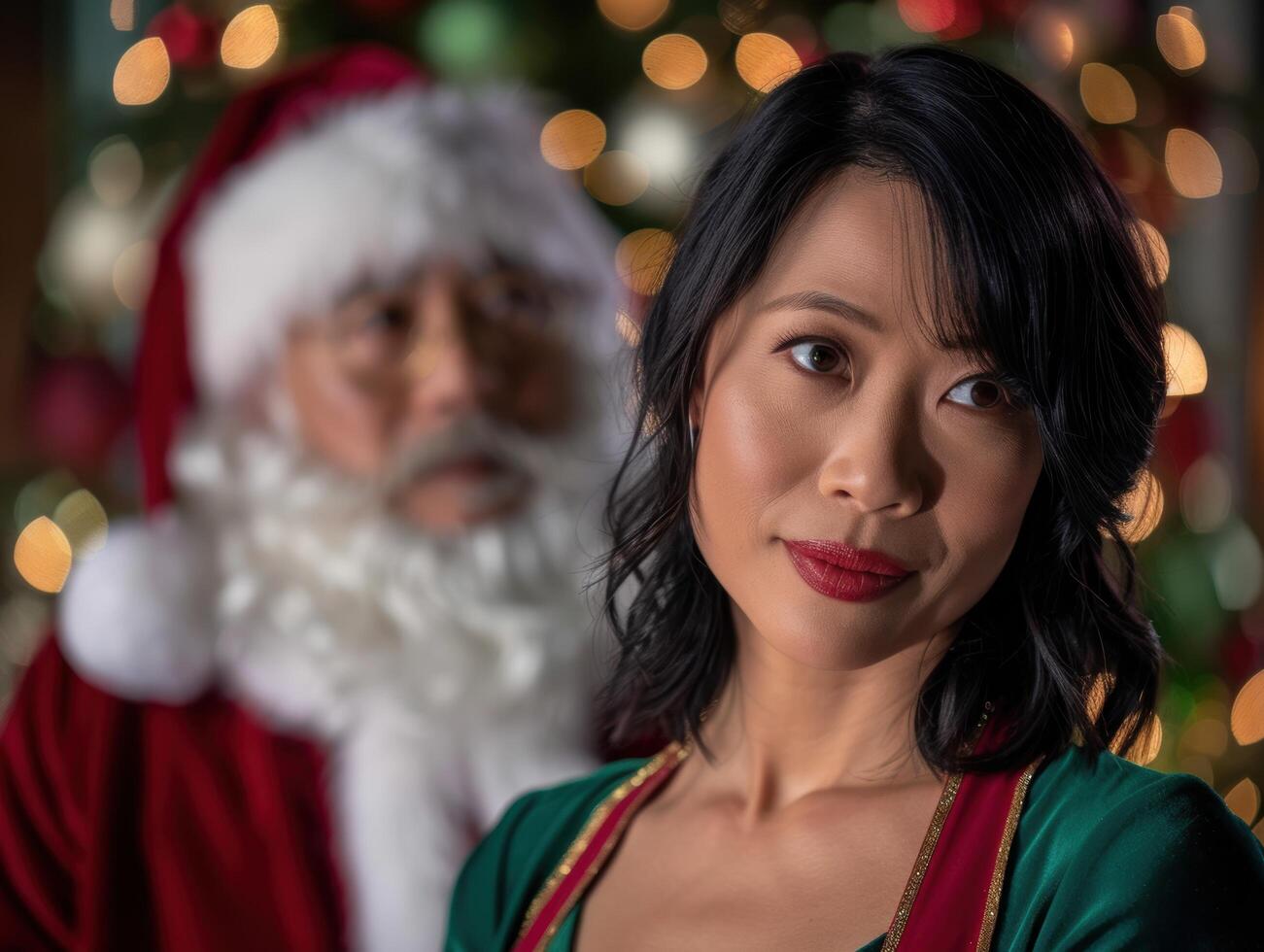 woman in green dress posing in front of santa claus photo