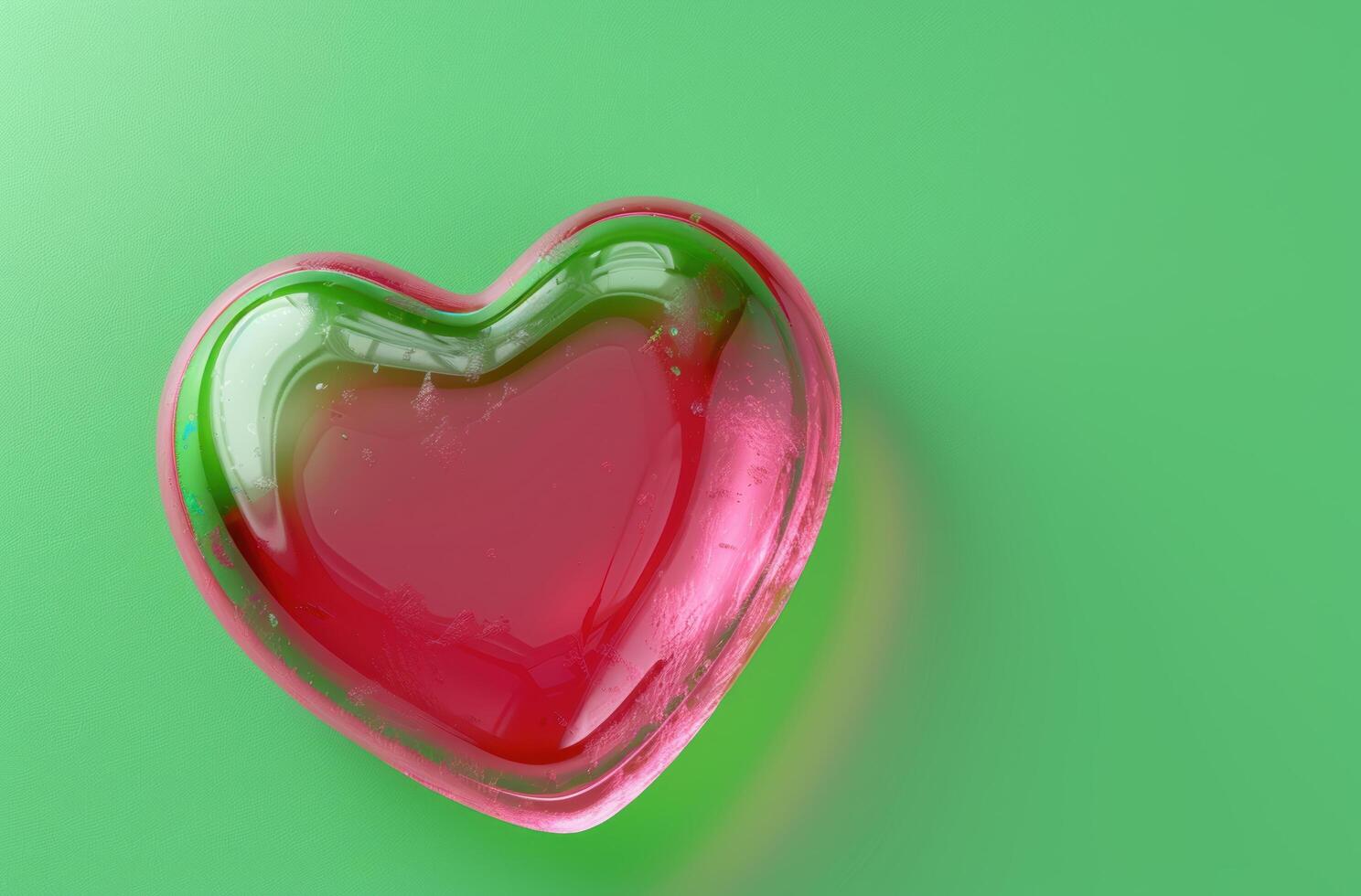 heart shaped glass container filled with red liquid on green background photo