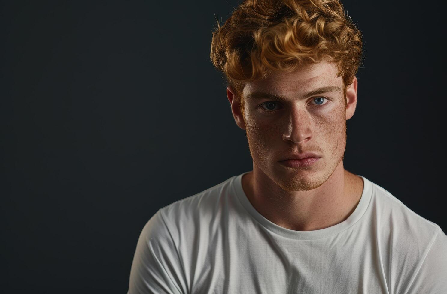 Serious young man with curly hair and freckles photo