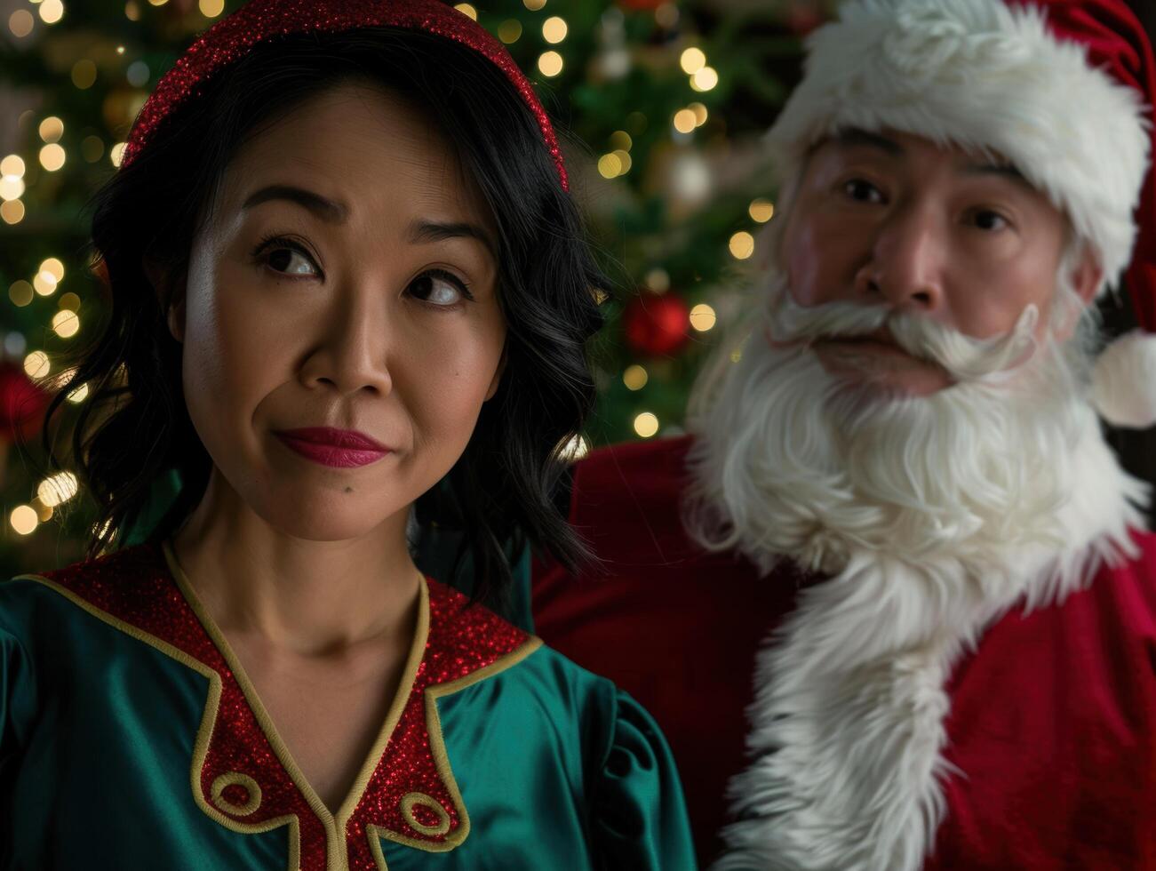asian woman in festive outfit with santa claus photo