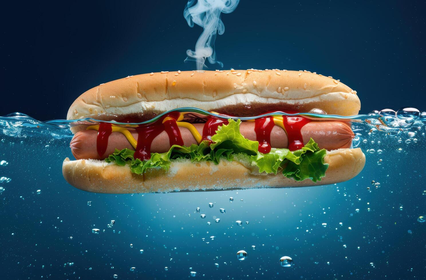 Delicious hot dog with steam and water splashes photo