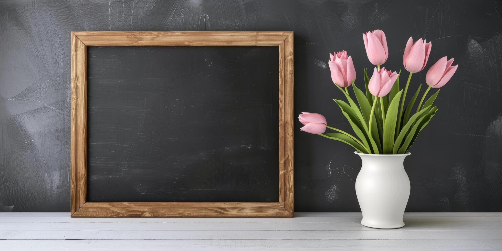 Wooden frame and pink tulips on a black background photo