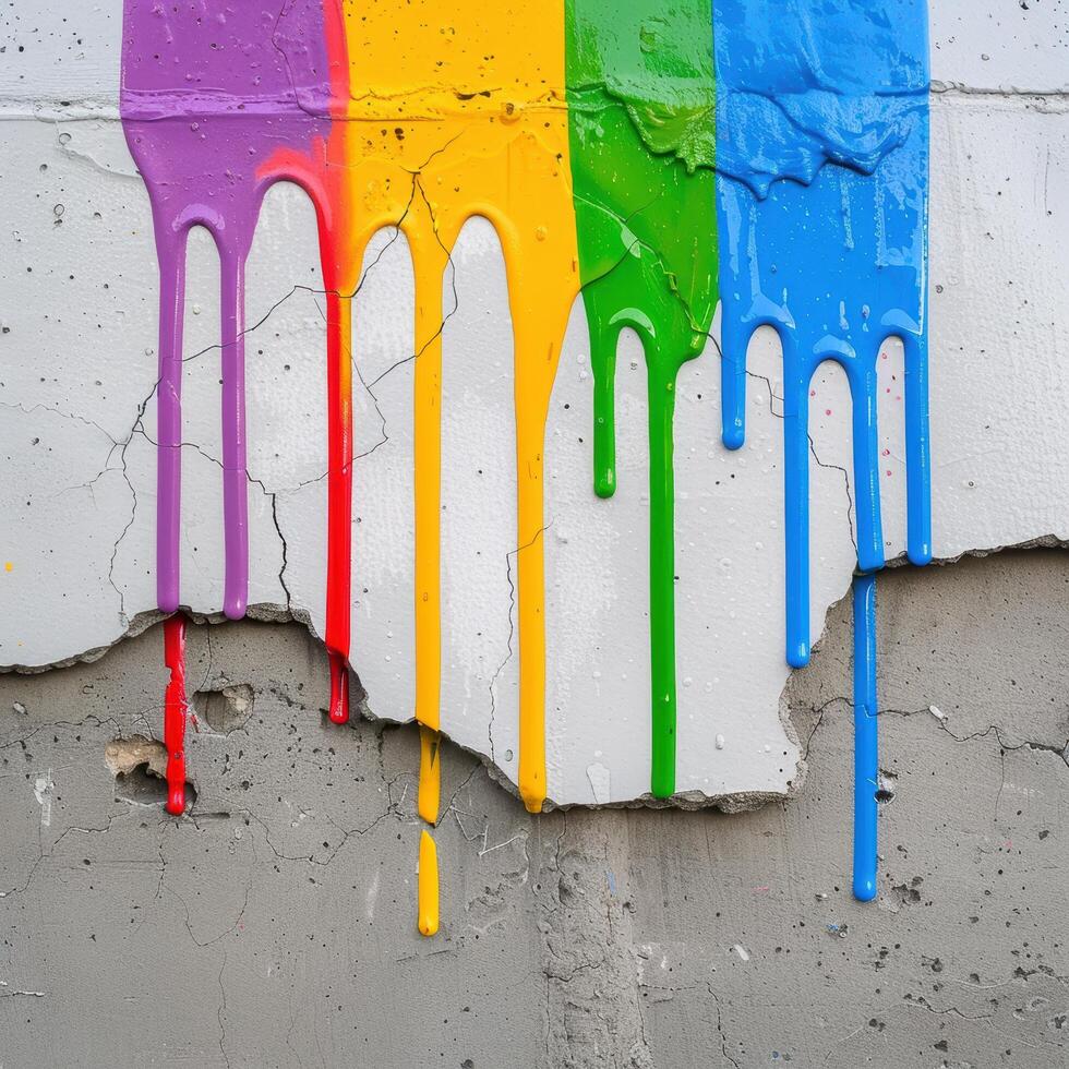 Colorful paint dripping on concrete wall photo