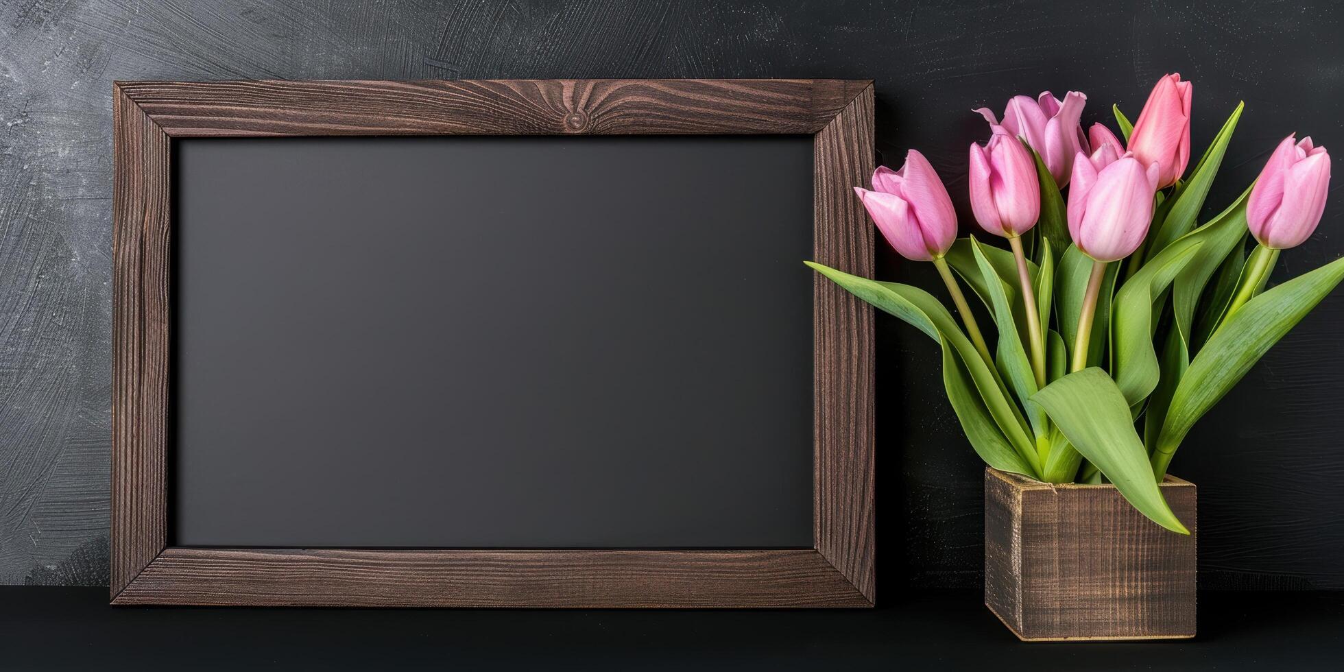pink tulips in wooden frame on black background photo