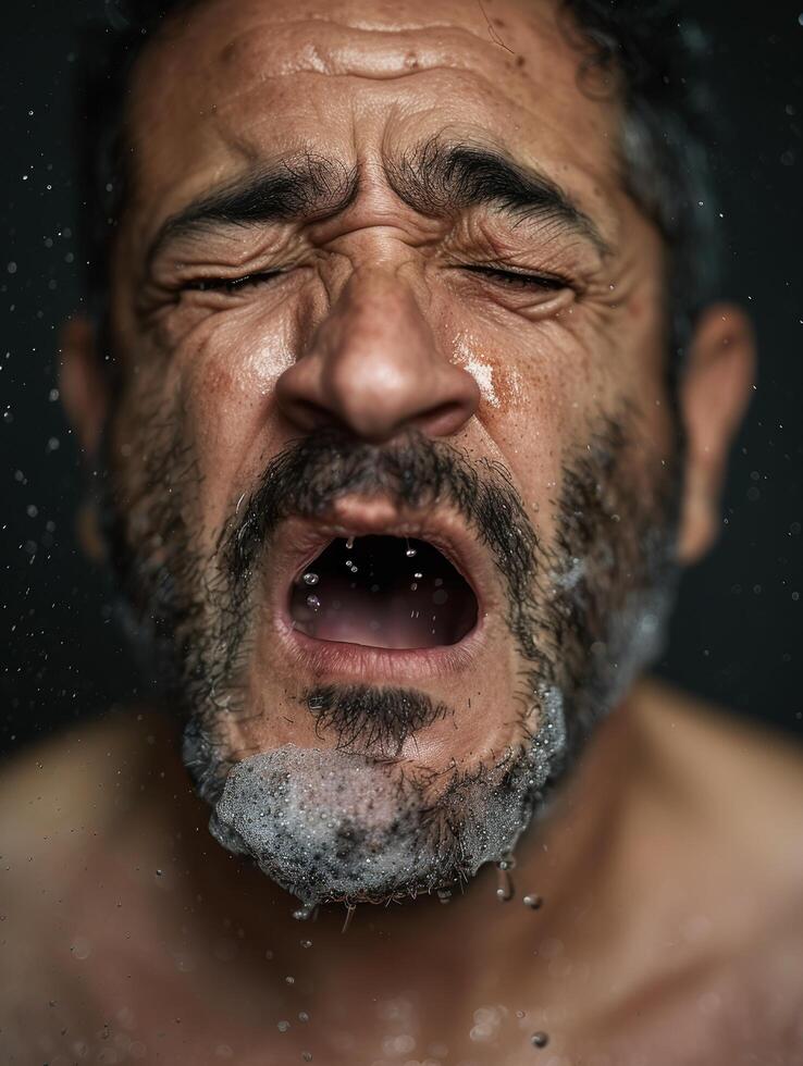 Intense expression of a mature man with a beard photo