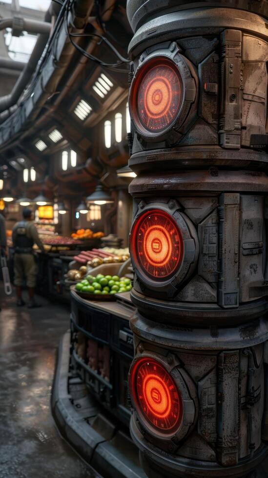 Futuristic sci fi lighting in a bustling market photo