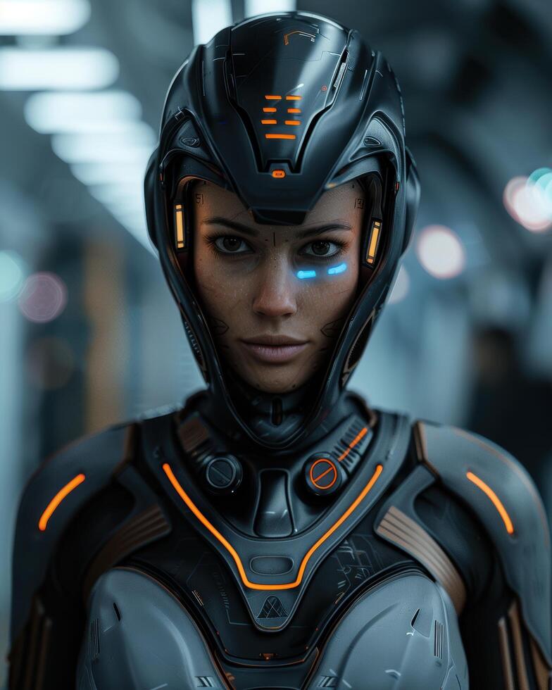Futuristic cyborg warrior with glowing helmet photo