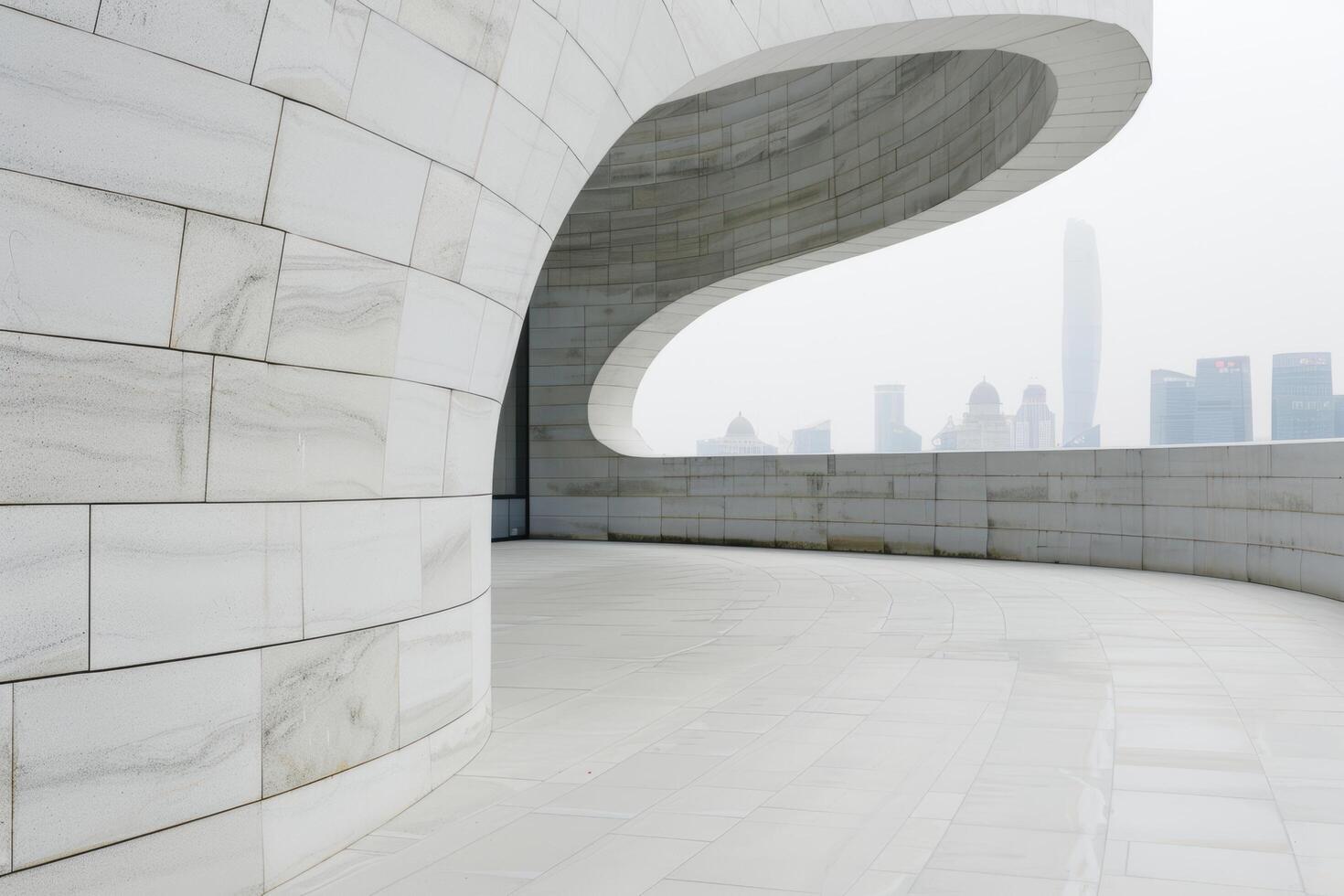 modern architectural design with curved glass facade and city skyline photo
