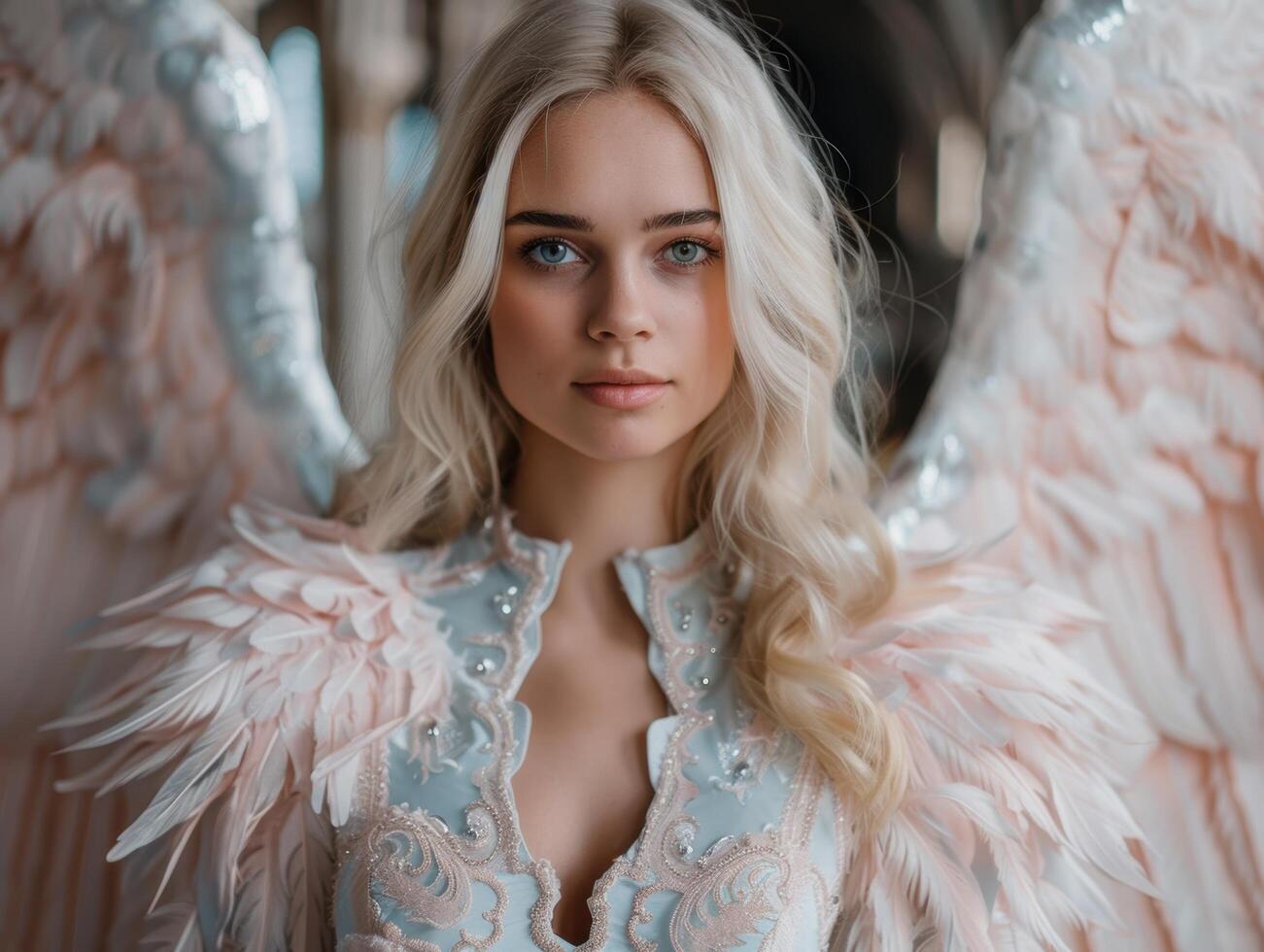 Elegant woman with flowing blonde hair and angelic wings photo
