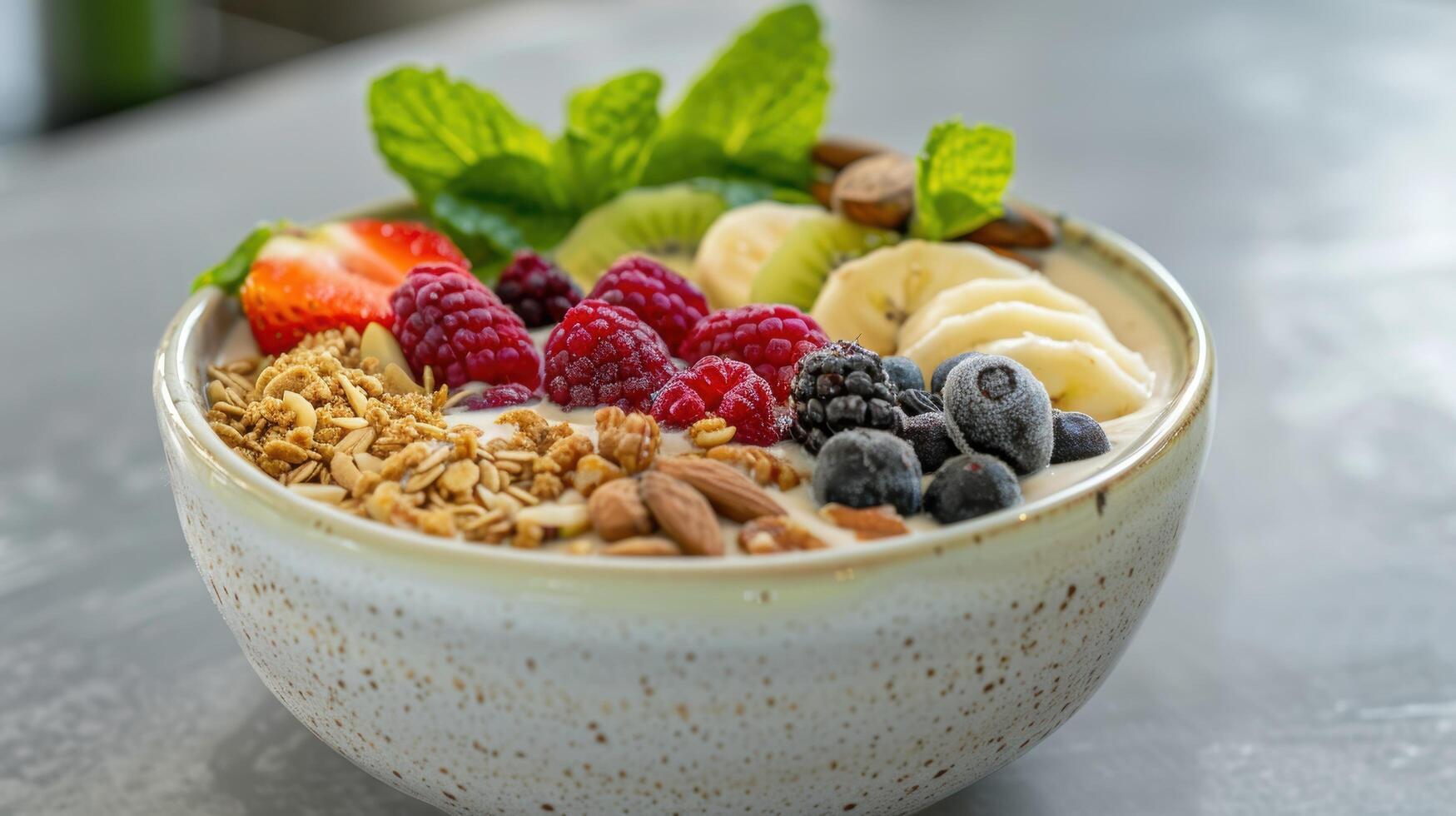 Healthy breakfast bowl with fresh fruits and granola photo