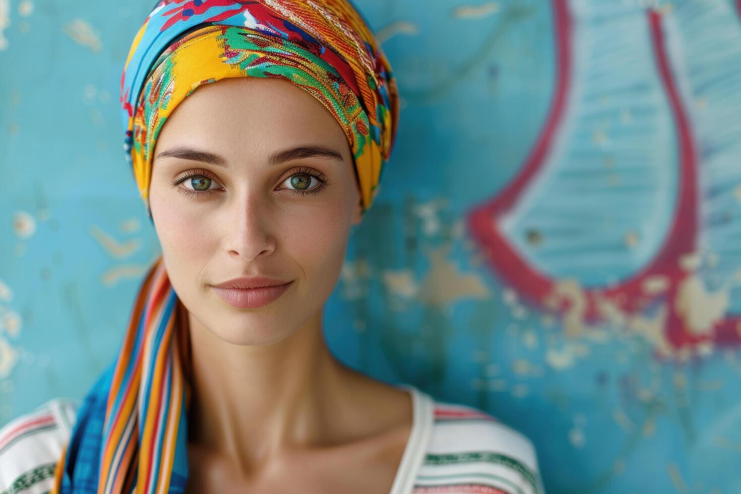 colorful portrait of a woman with a patterned headscarf photo
