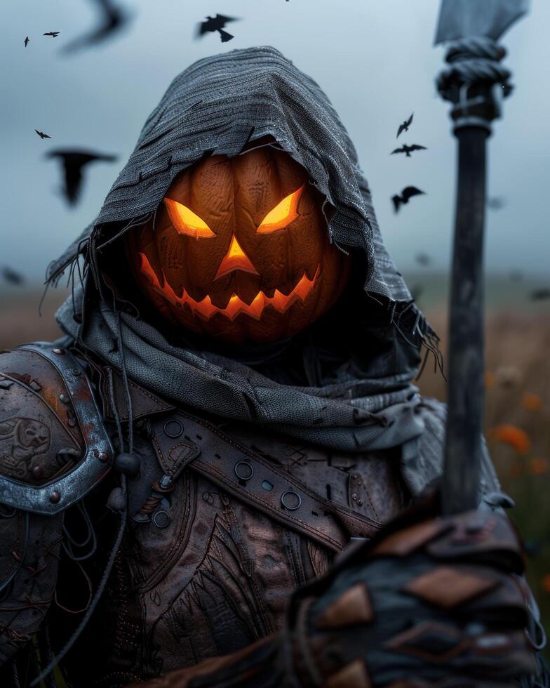 Mysterious hooded figure with glowing pumpkin head photo