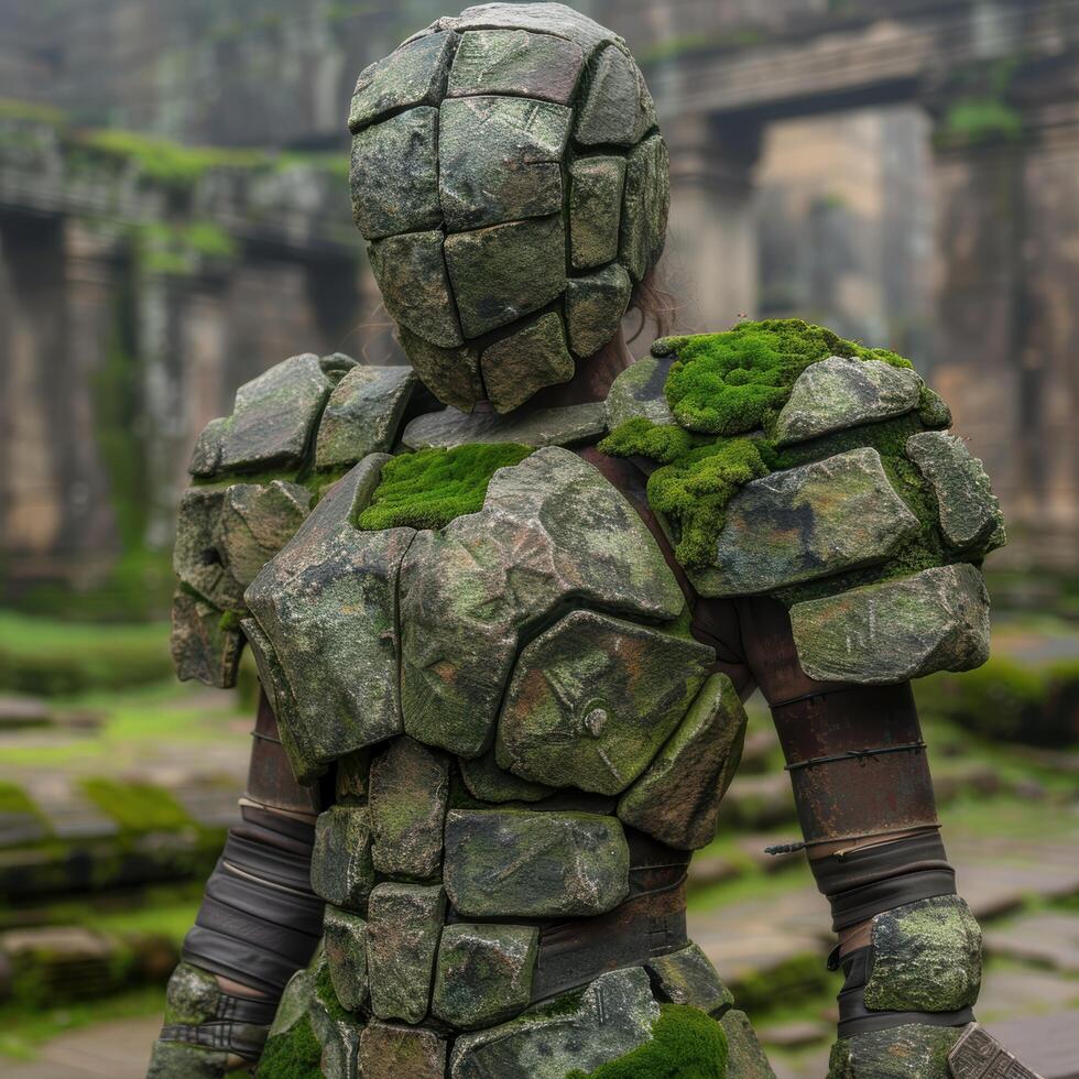 Moss covered stone warrior in forest photo
