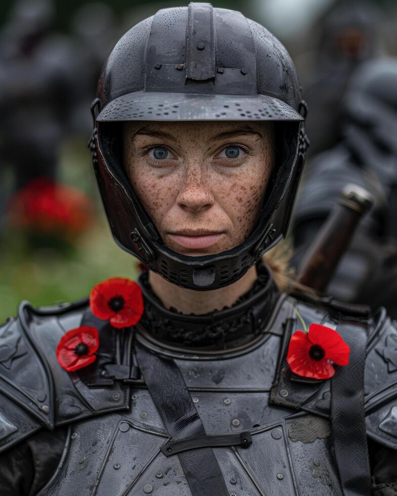 Soldier with red poppies on uniform photo
