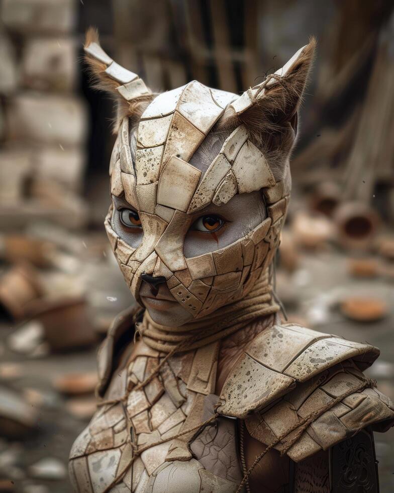 Futuristic warrior in cracked armor photo
