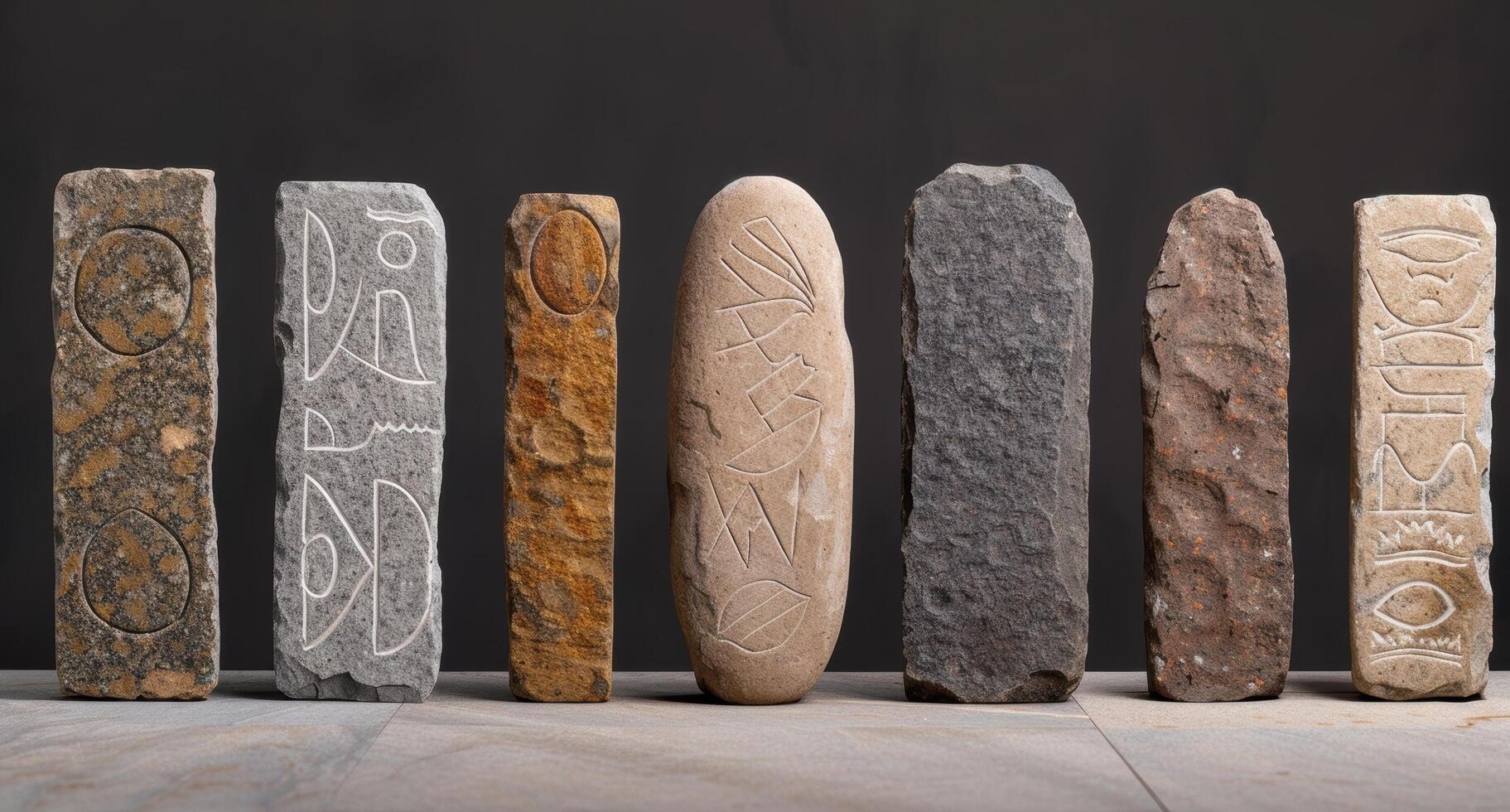ancient carved stone artifacts on dark background photo