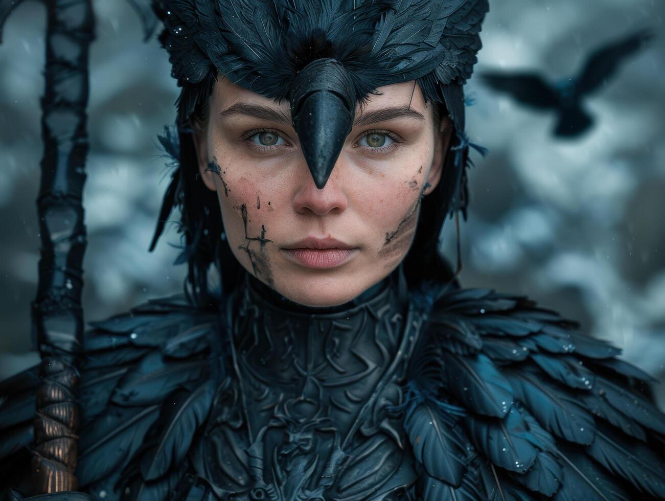 Mysterious raven like warrior in dark fantasy costume photo