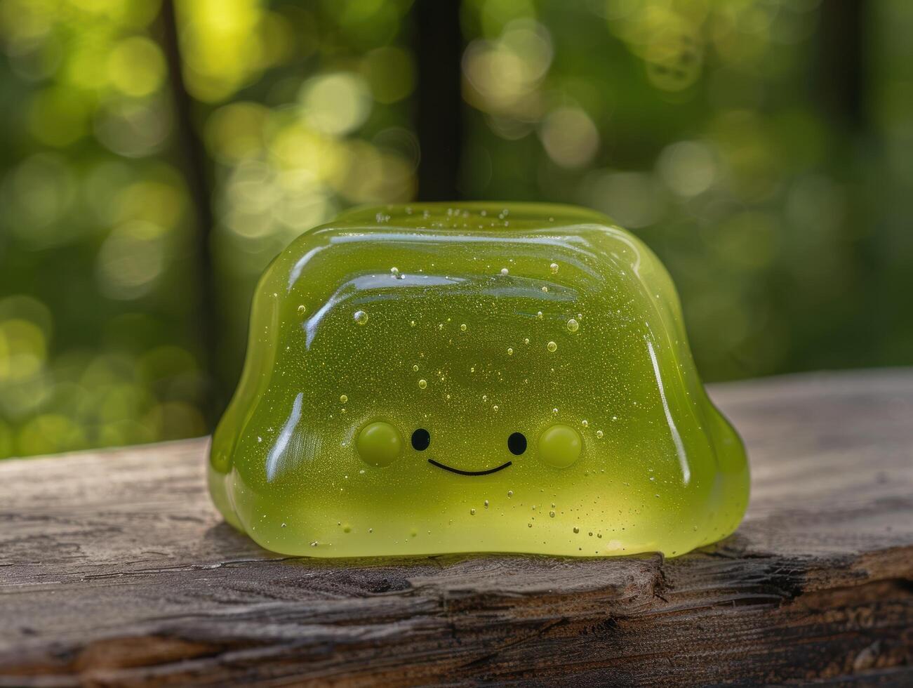 Smiling green jelly dessert on wooden surface photo