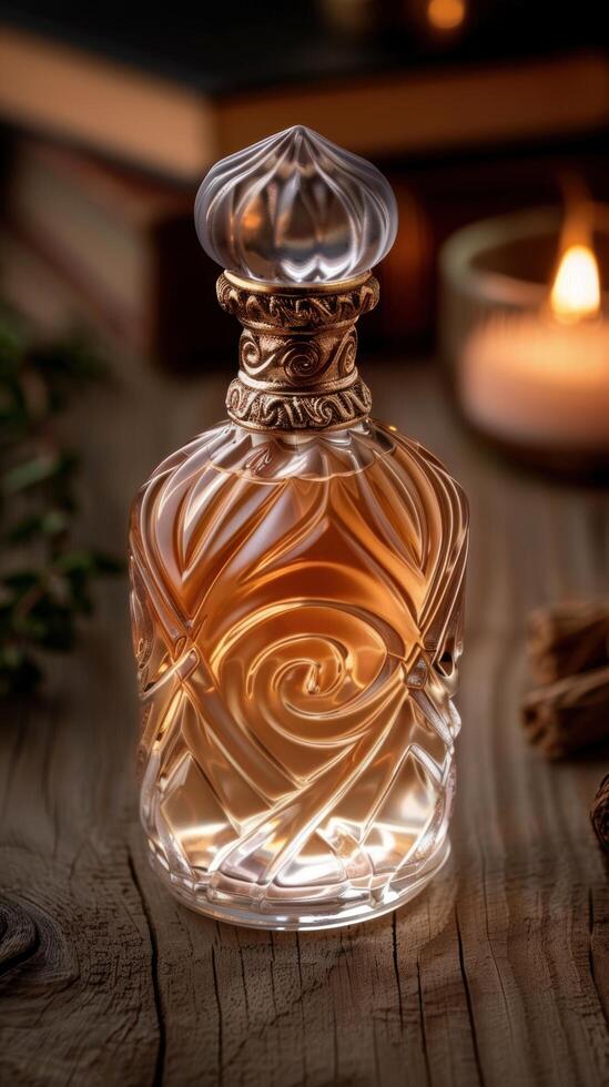 Ornate glass perfume bottle with swirling amber liquid photo