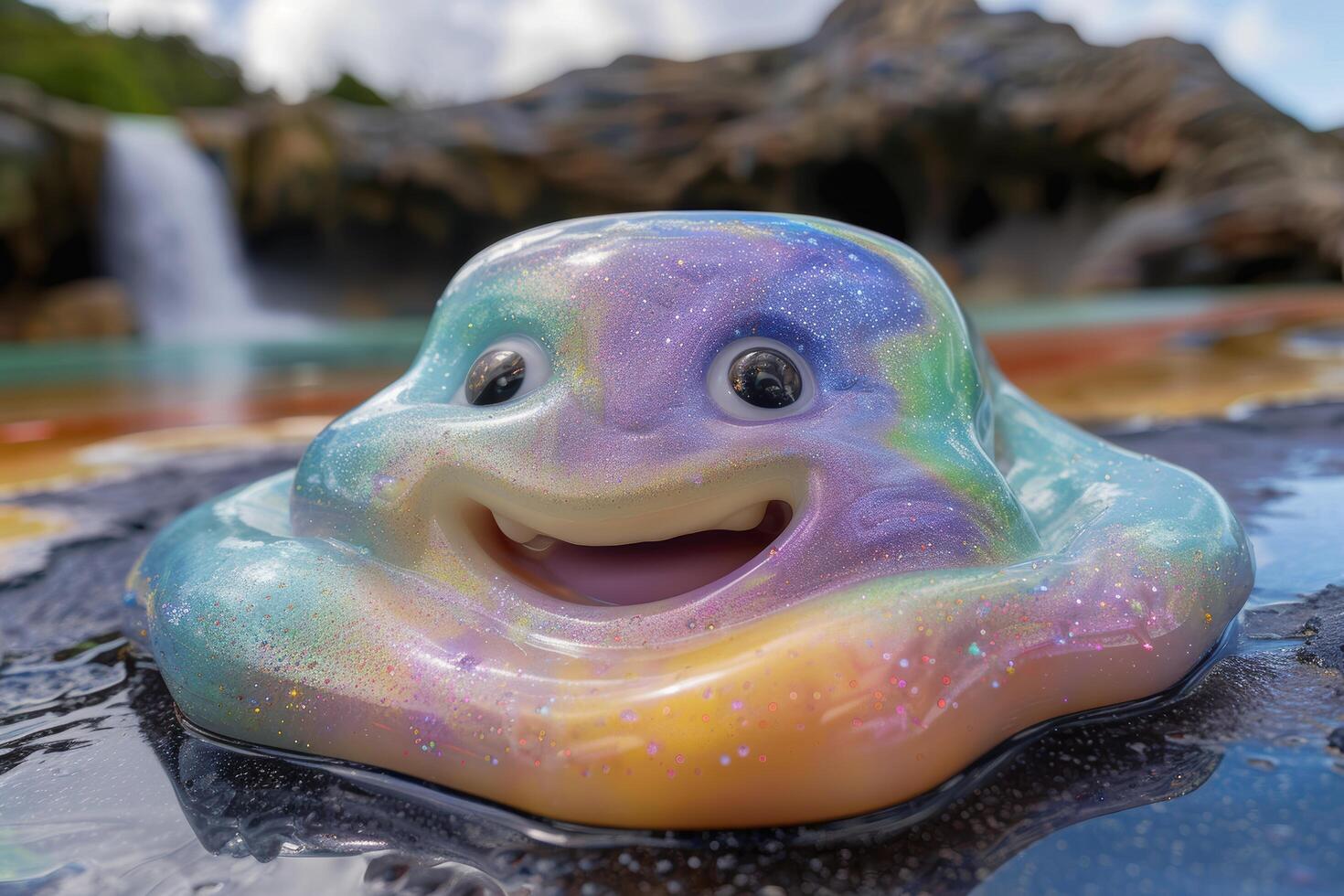 Colorful smiling rubber duck toy in water photo